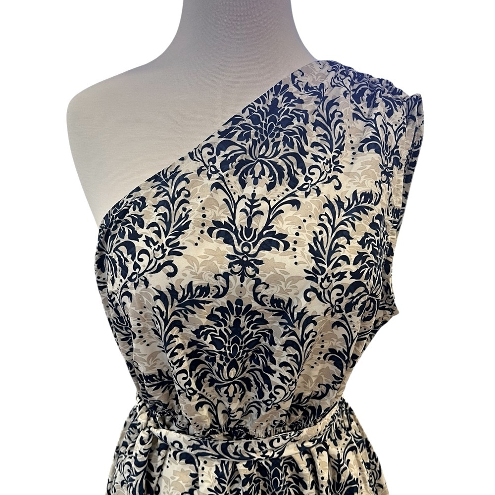 Cupshe Asymmetrical One Shoulder Pleated Blue Damask and Cream Mini Dress Large - Picture 5 of 14
